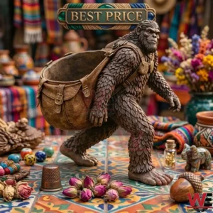 A brown textured statue of a sasquatch carrying a large brown bag walking across a decorated tile floor with small trinkets.