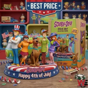 A group of cartoon character figures on a patriotic base with a matching box on a wooden surface!