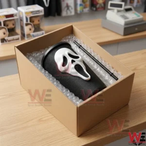 Black tumbler with a white mask in a shipping box!