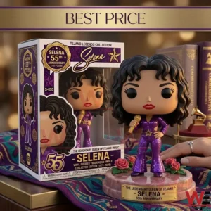 A vinyl collectible figure of a female singer in a purple jumpsuit standing next to a decorative box!