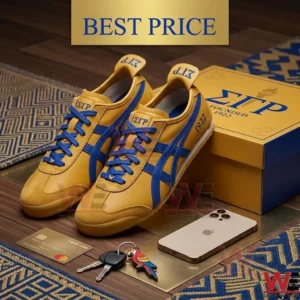 Gold sneakers with blue stripes and blue laces resting on a wooden floor next to a branded shoebox smartphone and keys!