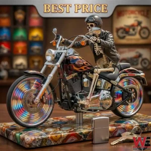 A skeletal figure in a leather jacket riding a flaming motorcycle model on a stone platform!