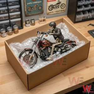 Skull Motorcycle Motor Harley Davidson Windmill Spinner 3 A motorcycle model with a skeleton rider secured with bubble wrap inside a shipping container!
