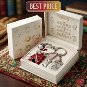 Limited edition Snoopy Flying Ace 75th Anniversary keychain set in a luxury white gift box!