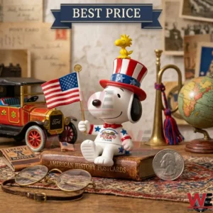 A patriotic Snoopy figure with a flag and a striped hat on a vintage desk!