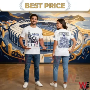 A man and woman modeling white graphic t shirts with blue sports illustrations in front of a colorful mural of a stadium and beach!