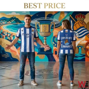 A man and woman wearing striped blue and white soccer jerseys posing in front of a large colorful mural with a trophy and sports symbols!