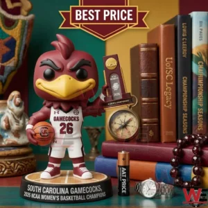 Gamecock mascot champion figure on a desk with personal accessories!