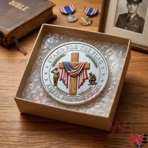 A commemorative silver coin packed safely in a shipping box with protective padding!