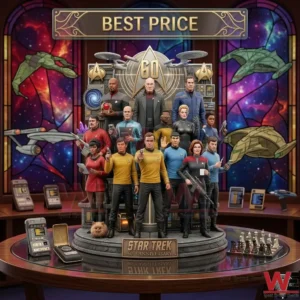 A massive Star Trek 60th anniversary character ensemble statue on a glass table!