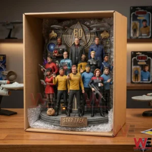 Overhead view of a Star Trek anniversary ensemble statue packaged securely for delivery!