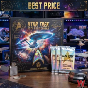 A Star Trek 60th anniversary limited edition box and holographic card packs displayed on a desk with various accessories and collectibles.