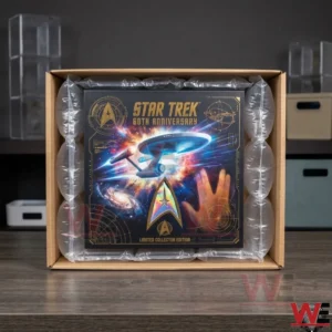 A Star Trek collector box protected by air pillow packaging inside a cardboard shipping box on a wooden desk.