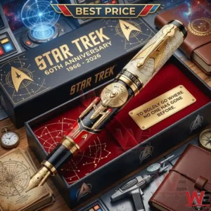 A highly detailed gold and black fountain pen inside a commemorative Star Trek gift box on a wooden desk!