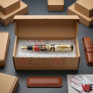 Star Trek 60th Anniversary Commemorative Fountain Pen 3 A luxury fountain pen cushioned by bubble wrap inside an open shipping box next to white gloves and leather cases!
