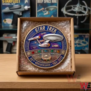 Star Trek USS Enterprise Coin 3 An open cardboard box containing a commemorative space themed coin wrapped in protective bubble wrap!