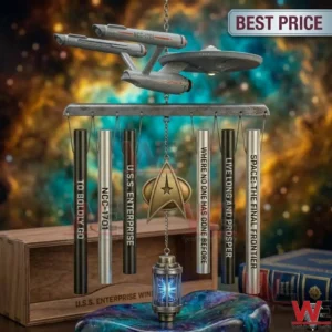 Star Trek USS Enterprise wind chime with engraved tubes and a glowing warp core hanging against a space background!