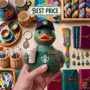 A green rubber duck dressed in a Starbucks uniform holding a coffee cup in a hand surrounded by art supplies.