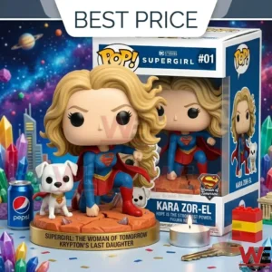 A Supergirl vinyl figure standing on a desert themed base with a small white dog and a display box.