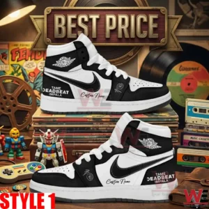A pair of black and white high top sneakers sit on top of a stack of books and vintage music albums in a room filled with retro items and collectables!