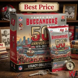 Tampa Bay Buccaneers 50th anniversary card box and pack on a wooden desk!