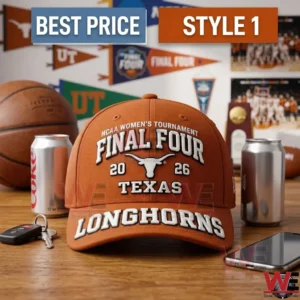Burnt orange Texas Longhorns Final Four 2026 baseball cap on a wooden desk.