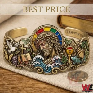 Bronze religious bracelet with the face of Jesus and multiple Christian symbols!