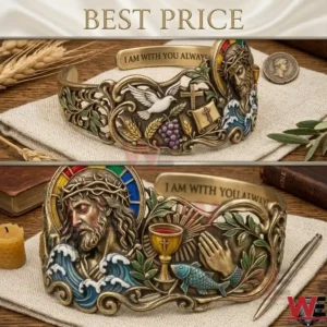 The Artisan Jesus and Holy Symbols Cuff Bracelet 5 Different views of a bronze cuff bracelet with religious carvings and an interior inscription!
