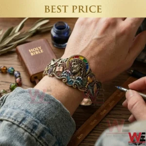 The Artisan Jesus and Holy Symbols Cuff Bracelet 6 Bronze religious bracelet worn on a wrist next to a bible and ink!