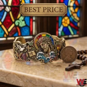 The Artisan Jesus and Holy Symbols Cuff Bracelet 7 Bronze religious bracelet on a marble ledge with rosary beads and a coin!