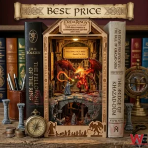 Lord of the Rings themed wooden book nook with internal lighting and character figures!