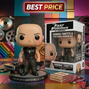 A collectible figure of Dominic Toretto standing with a black Dodge Charger next to its anniversary edition box on a colorful surface.
