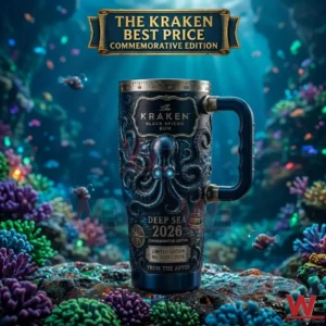 Detailed shot of a Kraken themed insulated cup in an oceanic setting!
