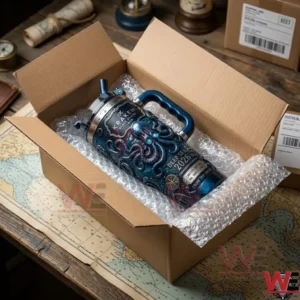 The Kraken limited edition tumbler packaged in a shipping box on a maritime map!