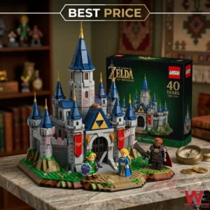 A grand brick built castle model with legendary video game characters and a themed product box!