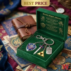 Limited edition Zelda 40th Anniversary keychain set in a luxury green velvet gift box!