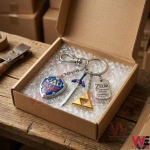 Zelda themed anniversary collector keychain packaged for delivery in a cardboard box with bubble wrap!