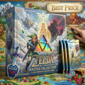 A premium Legend of Zelda 40th anniversary trading card box and gold packs displayed on a Hyrule map with game themed miniatures.