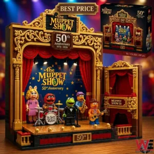 Ornate brick built theater stage with famous puppet characters and musical instruments!