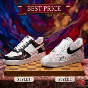 Two different colorways of custom XO themed sneakers displayed on a chessboard!