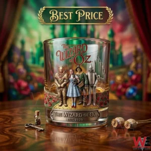 A detailed collector whiskey glass for The Wizard of Oz featuring Dorothy and friends!
