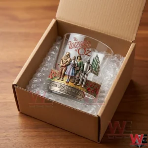 The Wizard of Oz commemorative glass packaged for shipping in a cardboard box with bubble wrap!