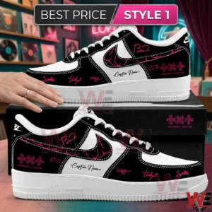 Custom black and white sneakers with pink artistic details and signatures on a black box!
