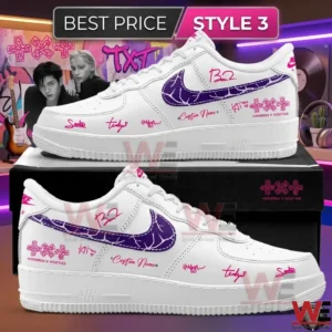 White sneakers with purple logos and pink artistic signatures displayed with music memorabilia!