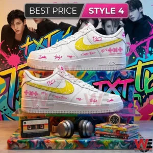 Custom white shoes with yellow logos and pink details on a colorful artistic display!
