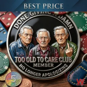 A silver challenge coin with three grumpy old men and humorous text displayed among gambling accessories and coins.