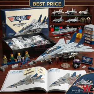 A collection of toy building set components including an open box instruction book small character figures and a completed jet model.