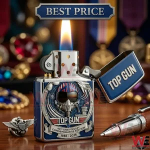 Lit blue top gun anniversary lighter on a desk!