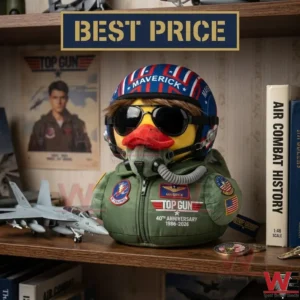 A Top Gun themed pilot duck plush on a shelf with a model plane and books!