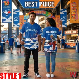 A couple wearing custom blue baseball jerseys with anime cloud designs and character art stands in a brightly lit stadium walkway!